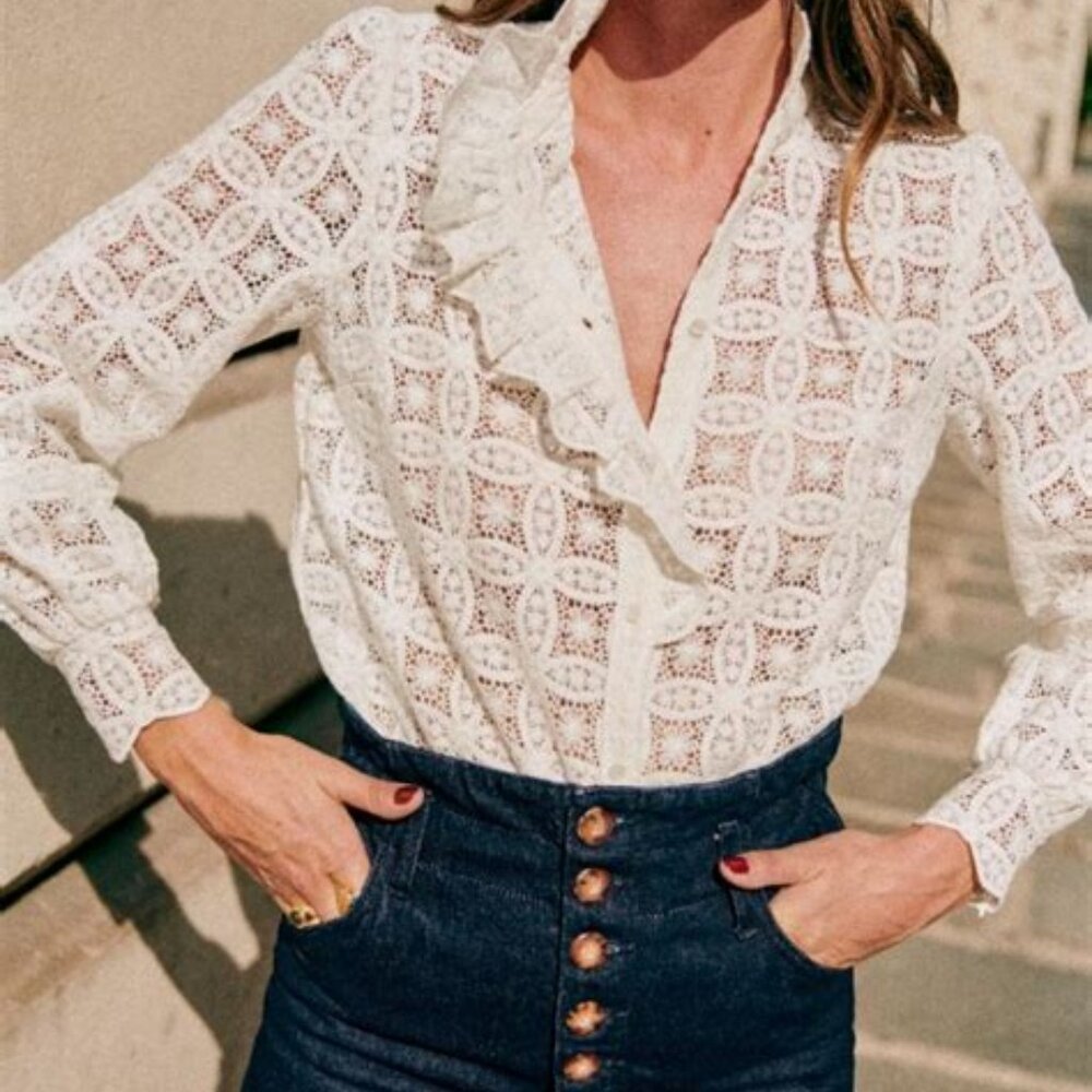 Sezane White Lace Ruffled Button-Up Blouse